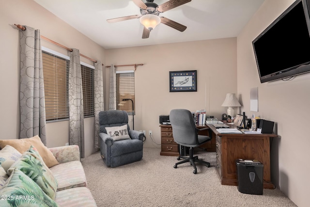 office space featuring carpet flooring and a ceiling fan