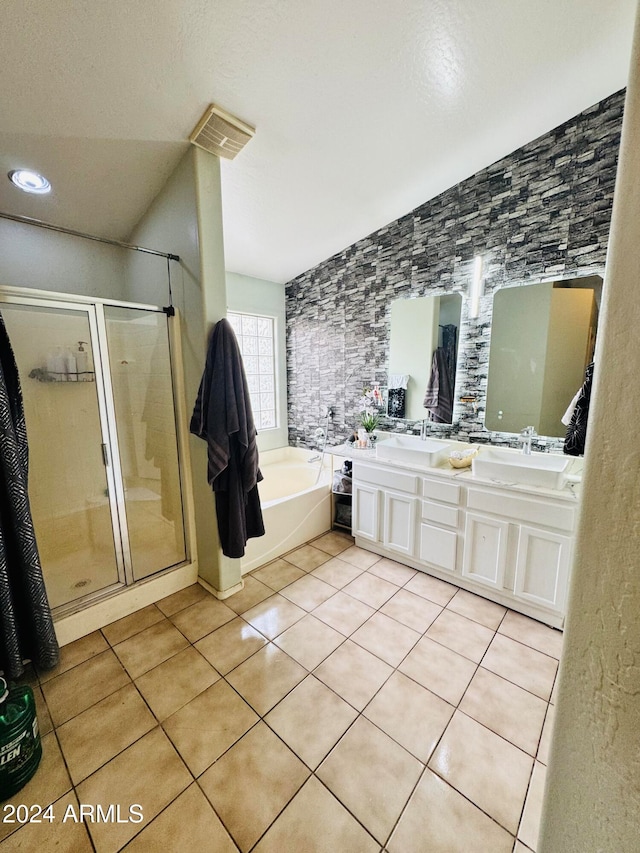 bathroom with separate shower and tub, tile patterned flooring, and vanity