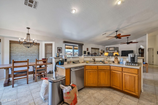 22201 E Vallejo St, Queen Creek, AZ 85142 - kitchen with dishwasher, open floor plan, light countertops, ceiling fan, and lofted ceiling