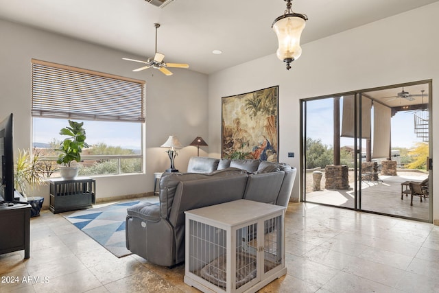 living room with ceiling fan