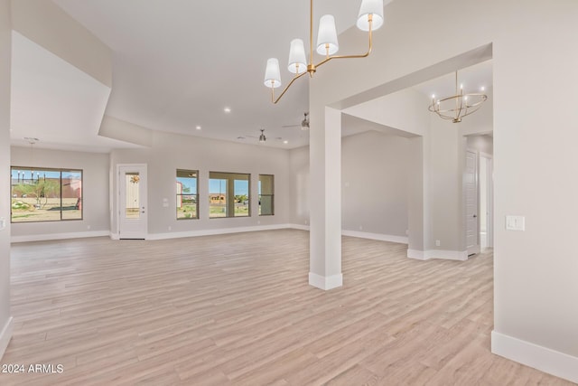 1229 N 106th Pl, Mesa, AZ 85207 - unfurnished living room with a chandelier, baseboards, light wood finished floors, recessed lighting, and ceiling fan