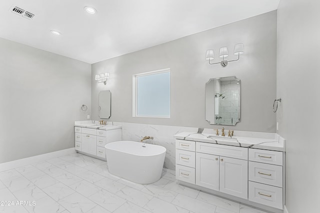1229 N 106th Pl, Mesa, AZ 85207 - bathroom with marble look tiles, a soaking tub, walk in shower, and two vanities