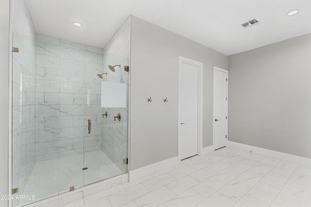 1229 N 106th Pl, Mesa, AZ 85207 - bathroom featuring baseboards, recessed lighting, marble finish flooring, and a shower stall