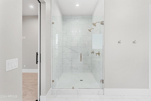 1229 N 106th Pl, Mesa, AZ 85207 - bathroom with baseboards, marble finish flooring, recessed lighting, and a stall shower