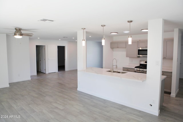 kitchen featuring light hardwood / wood-style flooring, stainless steel appliances, ceiling fan, and sink