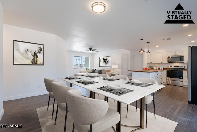 2818 E Villa Rita Dr, Phoenix, AZ 85032 - dining room featuring recessed lighting, baseboards, a ceiling fan, and dark wood-type flooring