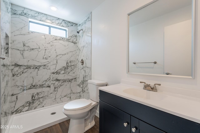 2818 E Villa Rita Dr, Phoenix, AZ 85032 - full bathroom with vanity, a marble finish shower, toilet, and wood finished floors