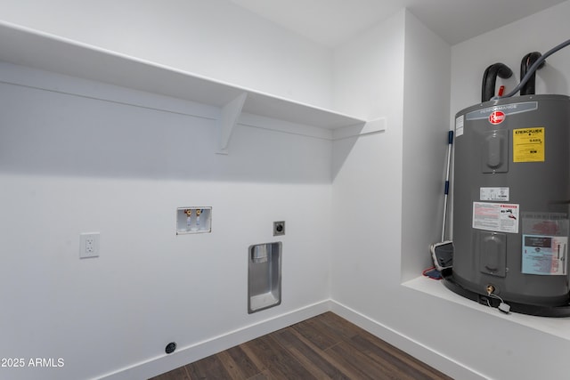 2818 E Villa Rita Dr, Phoenix, AZ 85032 - laundry room featuring water heater, hookup for an electric dryer, hookup for a washing machine, dark wood-style floors, and baseboards