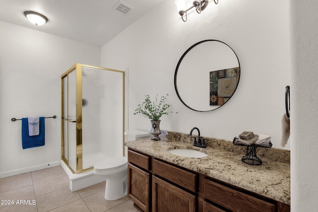 full bathroom with toilet, visible vents, vanity, and a shower stall