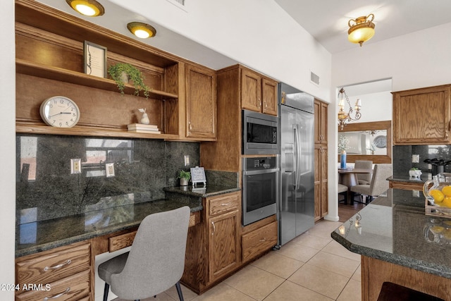 kitchen featuring decorative backsplash, open shelves, built in appliances, light tile patterned flooring, and brown cabinetry