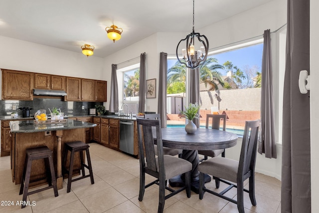 kitchen featuring brown cabinets, decorative backsplash, a sink, dishwasher, and a notable chandelier