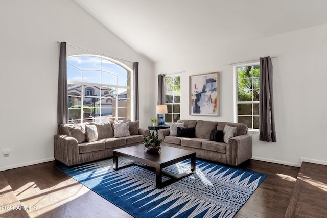 living area featuring vaulted ceiling, wood finished floors, and baseboards