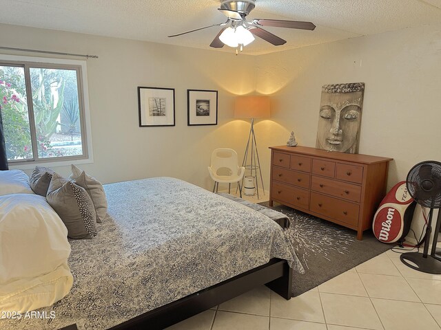 4201 E Camelback Rd Unit 51, Phoenix, AZ 85018 - bedroom featuring tile patterned flooring, a textured ceiling, and ceiling fan
