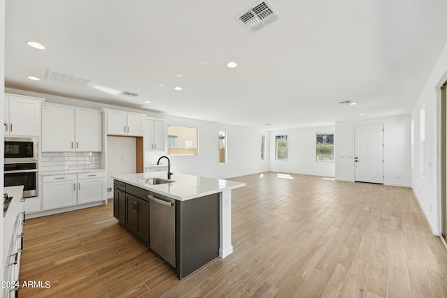 kitchen featuring sink, white cabinetry, a center island with sink, stainless steel appliances, and decorative backsplash