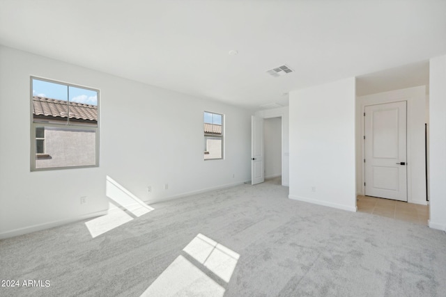 spare room with a wealth of natural light and light carpet