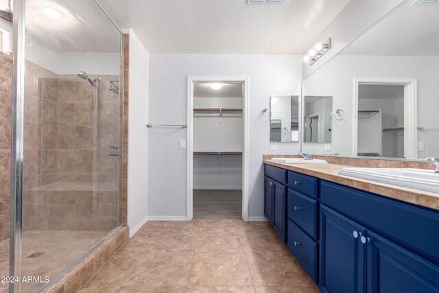 bathroom with a shower with door and vanity