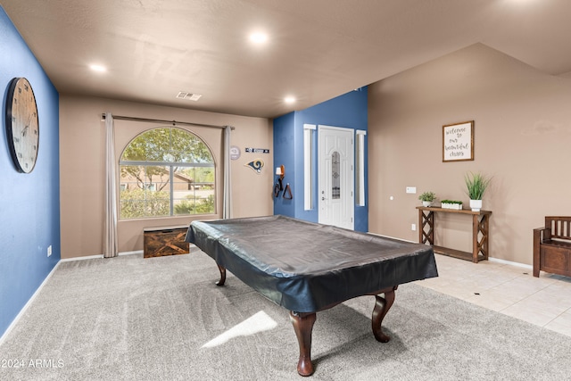 game room with light colored carpet and pool table