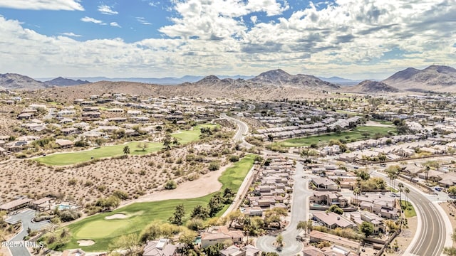 birds eye view of property featuring a mountain view, golf course view, and a residential view