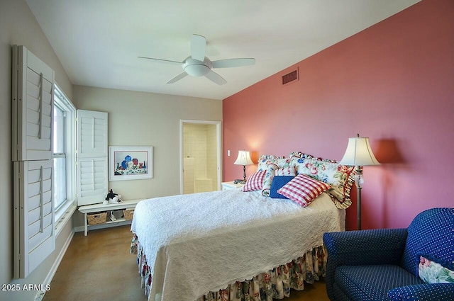 bedroom featuring ceiling fan and visible vents