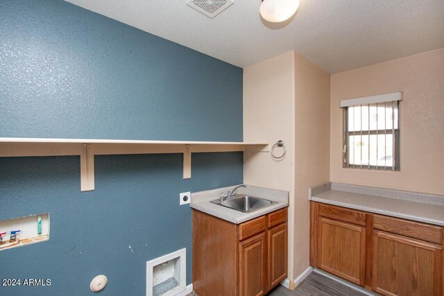 clothes washing area featuring wood-type flooring, sink, washer hookup, and electric dryer hookup