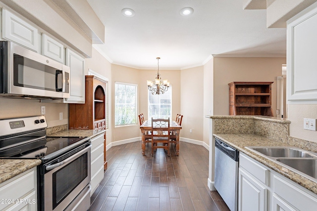 kitchen with crown molding, stainless steel appliances, dark wood-type flooring, and white cabinets