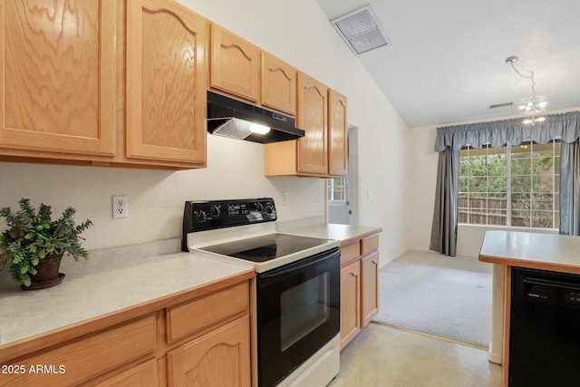 kitchen featuring visible vents, range with electric cooktop, light countertops, under cabinet range hood, and dishwasher