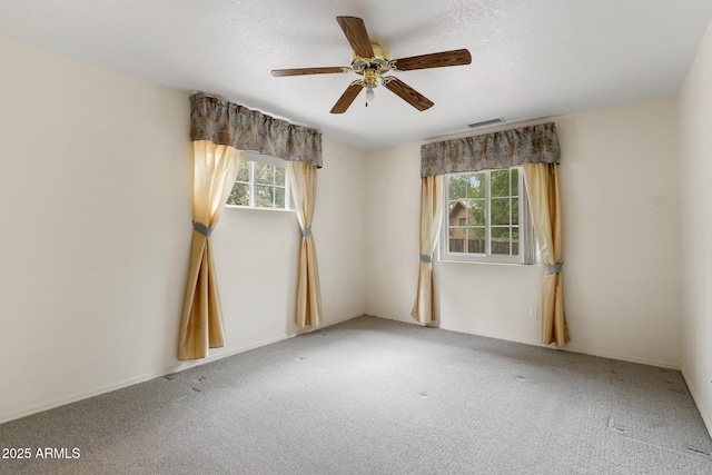 unfurnished room with a wealth of natural light, carpet floors, a textured ceiling, and ceiling fan