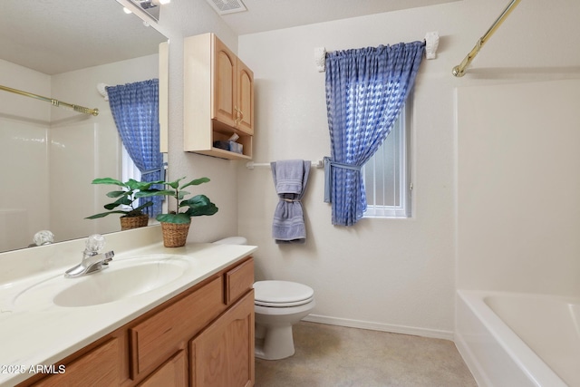 bathroom featuring visible vents, toilet, vanity, and baseboards