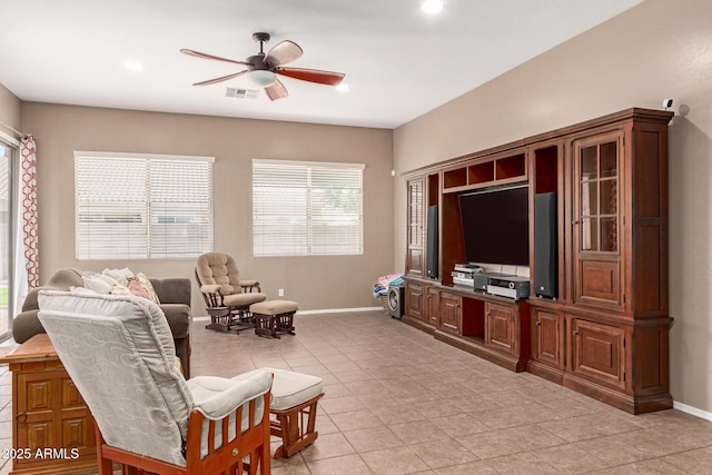 2945 E Clifton Ave, Gilbert, AZ 85295 - living room with ceiling fan, baseboards, light tile patterned floors, and recessed lighting