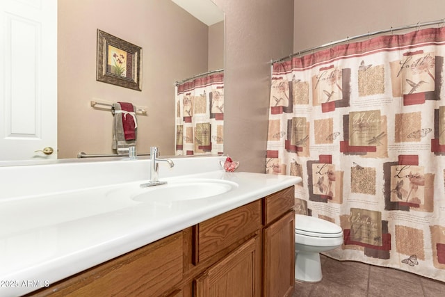 2945 E Clifton Ave, Gilbert, AZ 85295 - bathroom with vanity, toilet, tile patterned floors, and curtained shower