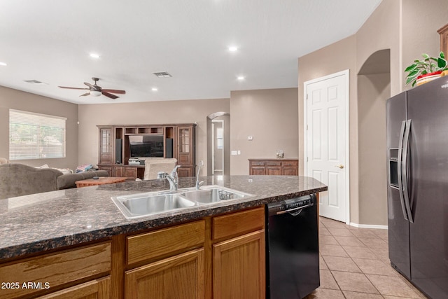 2945 E Clifton Ave, Gilbert, AZ 85295 - kitchen featuring stainless steel refrigerator with ice dispenser, black dishwasher, arched walkways, a sink, and a ceiling fan
