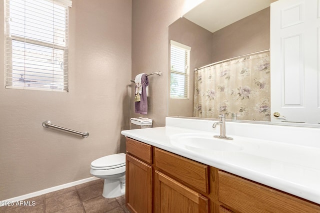 2945 E Clifton Ave, Gilbert, AZ 85295 - bathroom with toilet, vanity, tile patterned flooring, baseboards, and a shower with shower curtain