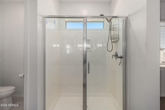 bathroom with a shower with door, a wealth of natural light, and toilet