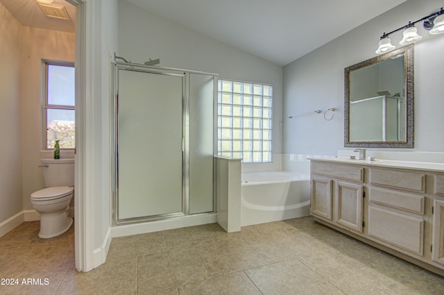 full bathroom featuring toilet, vanity, vaulted ceiling, and shower with separate bathtub