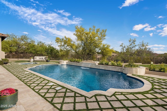 view of pool featuring a patio, fence, and a fenced in pool