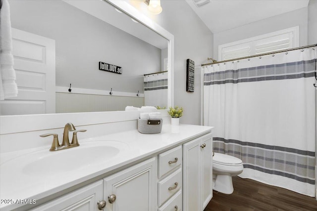 full bath with toilet, vanity, and wood finished floors