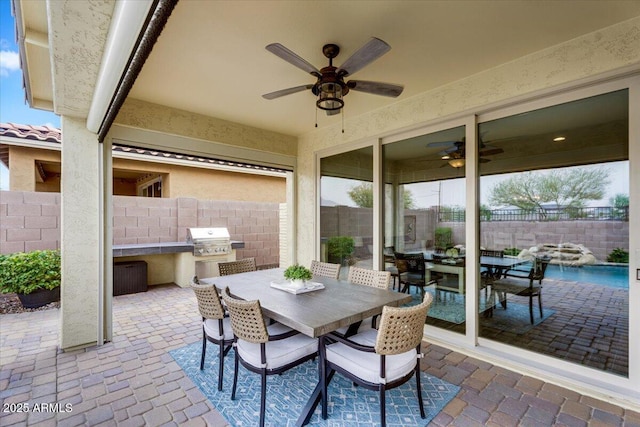 view of patio / terrace with outdoor dining space, a grill, a ceiling fan, and fence