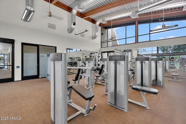 exercise room with visible vents and a towering ceiling