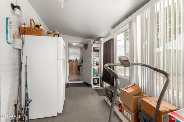 exercise room featuring dark carpet and lofted ceiling