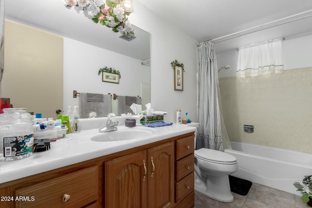 full bathroom with tile patterned floors, shower / bath combination with curtain, toilet, and vanity