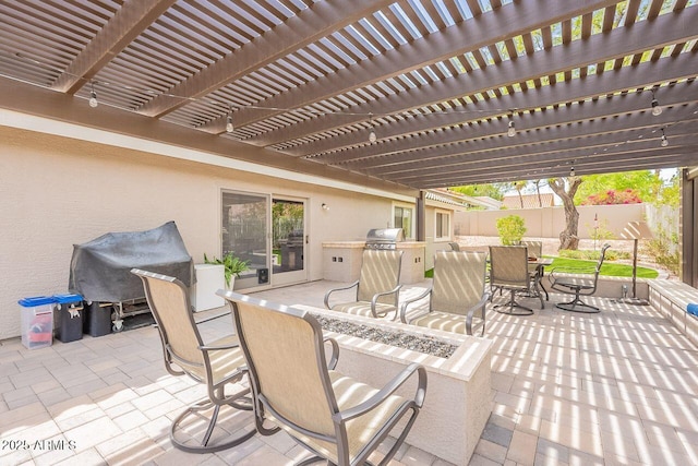 15746 E Sycamore Dr, Fountain Hills, AZ 85268 - view of patio / terrace with exterior kitchen, outdoor dining area, fence, and area for grilling