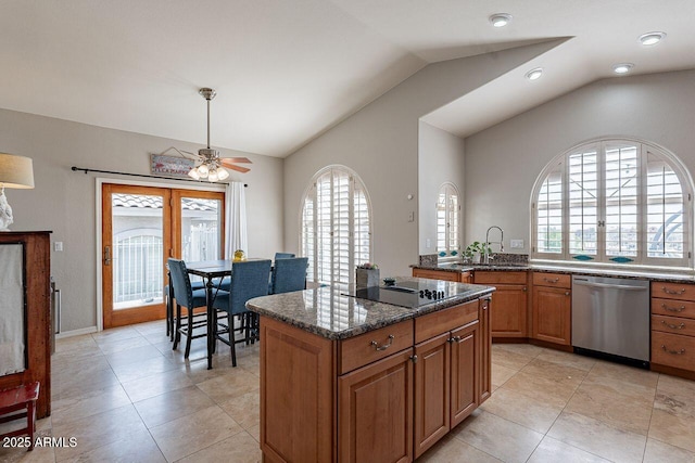 15746 E Sycamore Dr, Fountain Hills, AZ 85268 - kitchen with vaulted ceiling, dark stone countertops, a center island, brown cabinetry, and stainless steel dishwasher