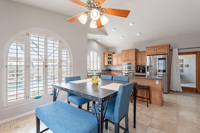 15746 E Sycamore Dr, Fountain Hills, AZ 85268 - dining area featuring light tile patterned floors, baseboards, ceiling fan, recessed lighting, and lofted ceiling