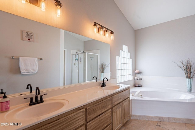 15746 E Sycamore Dr, Fountain Hills, AZ 85268 - full bathroom featuring a bath, a sink, lofted ceiling, and a stall shower