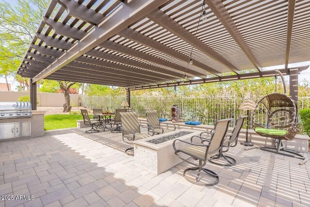 15746 E Sycamore Dr, Fountain Hills, AZ 85268 - view of patio with an outdoor fire pit, a fenced backyard, exterior kitchen, and grilling area