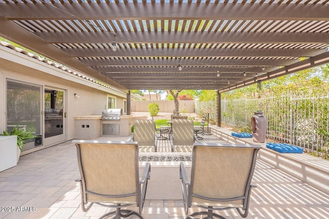 15746 E Sycamore Dr, Fountain Hills, AZ 85268 - view of patio / terrace with area for grilling, outdoor dining space, a fenced backyard, and a pergola