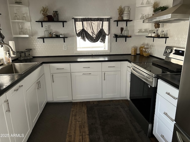 kitchen featuring range hood, open shelves, stainless steel electric stove, a sink, and dark countertops