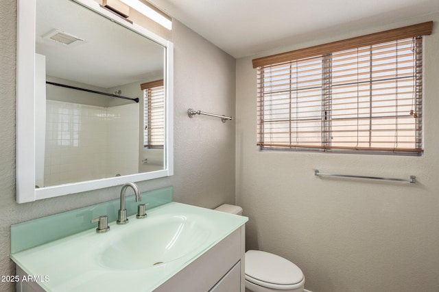 bathroom featuring healthy amount of natural light, toilet, vanity, and a textured wall