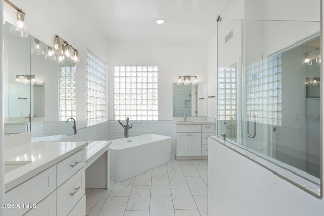 bathroom featuring vanity and plus walk in shower