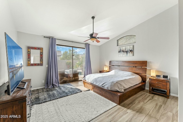 bedroom with access to exterior, ceiling fan, and lofted ceiling